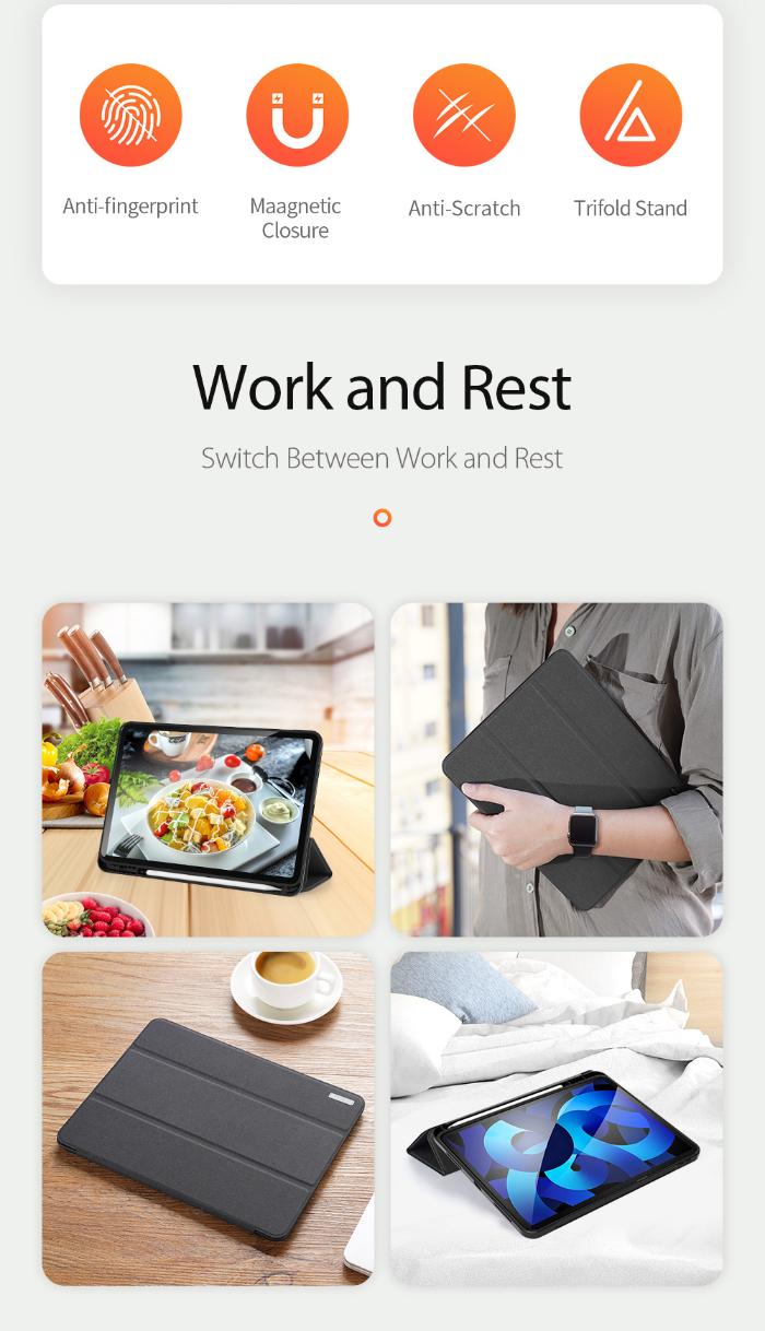 Black DOMO Dux Ducis Folio Trifold protective case for iPad Air 6 11" (2024/2025) / Air 10.9" (2020/2022)  with features and usage scenarios on a white background