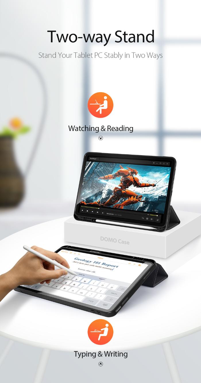 Two-way stand for DOMO Dux Ducis Folio Trifold protective case for iPad Air 6 11" (2024/2025) / Air 10.9" (2020/2022) with keyboard, showing use cases for watching, reading, and typing.