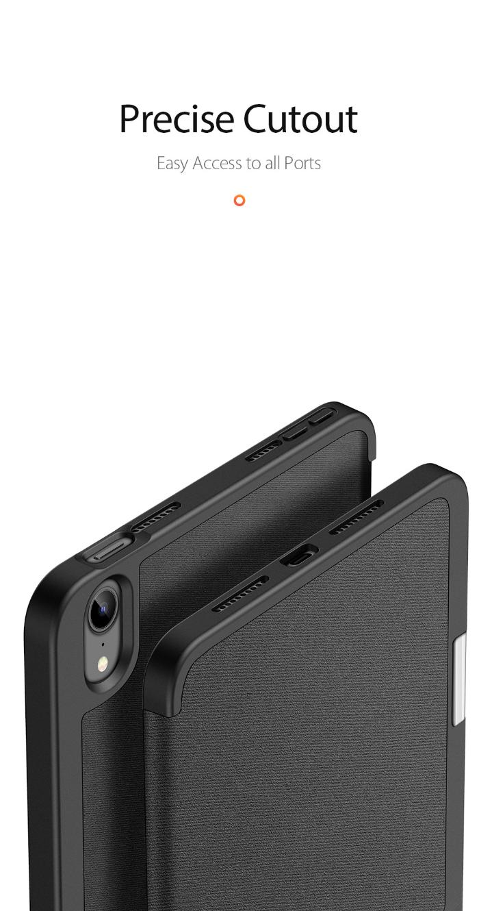 Black DOMO Dux Ducis Folio Case for iPad Mini 6/7 (2021/2024) showing precise cut outs and easy access to all ports on white background