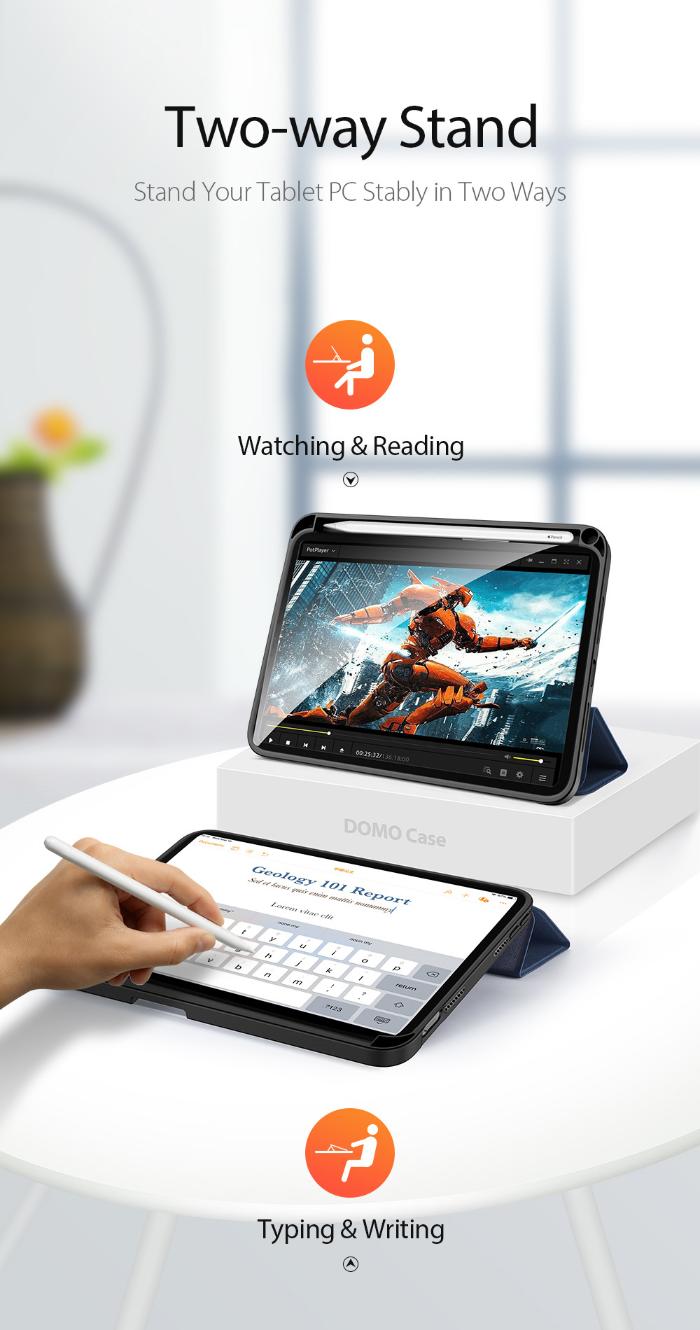 Black DOMO Dux Ducis Folio Case for iPad Mini 6/7 (2021/2024) showing it's two-way stand feature - watching and reading or typing and writing on white background