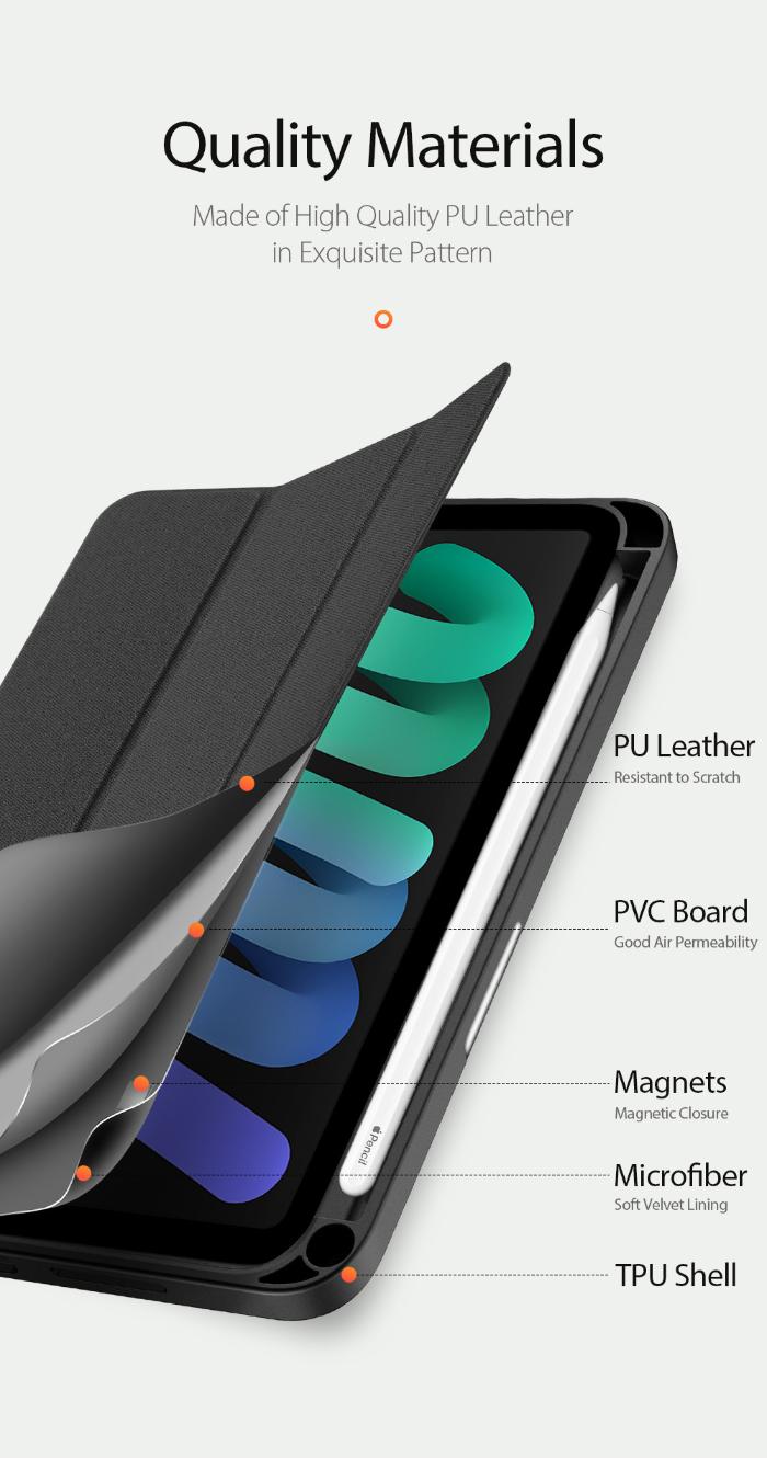 Black DOMO Dux Ducis Folio Case for iPad Mini 6/7 (2021/2024) that is made of high quality materials - PU leather in exquisite pattern, PVC board, magnets, Microfiber and TPU shell on white background