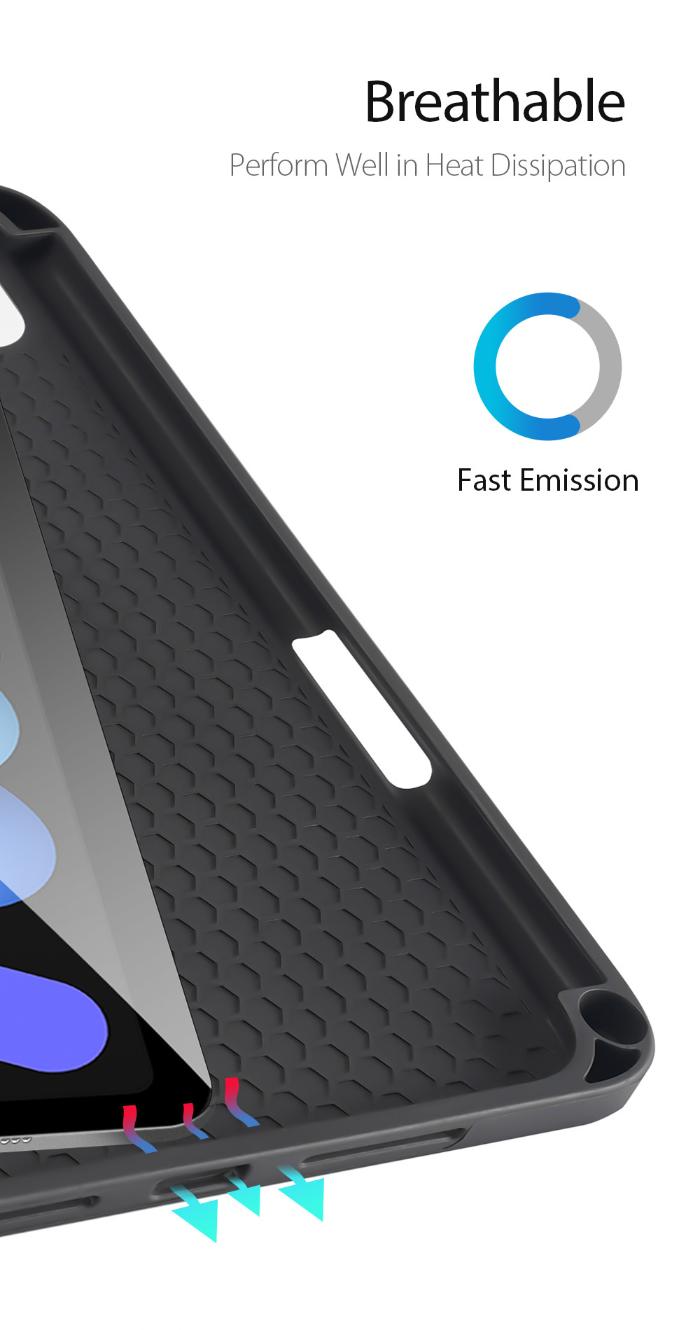 Black DOMO Dux Ducis Folio Case for iPad Mini 6/7 (2021/2024) showing its breathable feature and how well it perform in heat dissipation and fast emission on white background