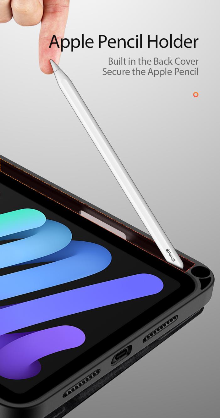 Black DOMO Dux Ducis Folio Case for iPad Mini 6/7 (2021/2024) with Apple Pencil holder on white background