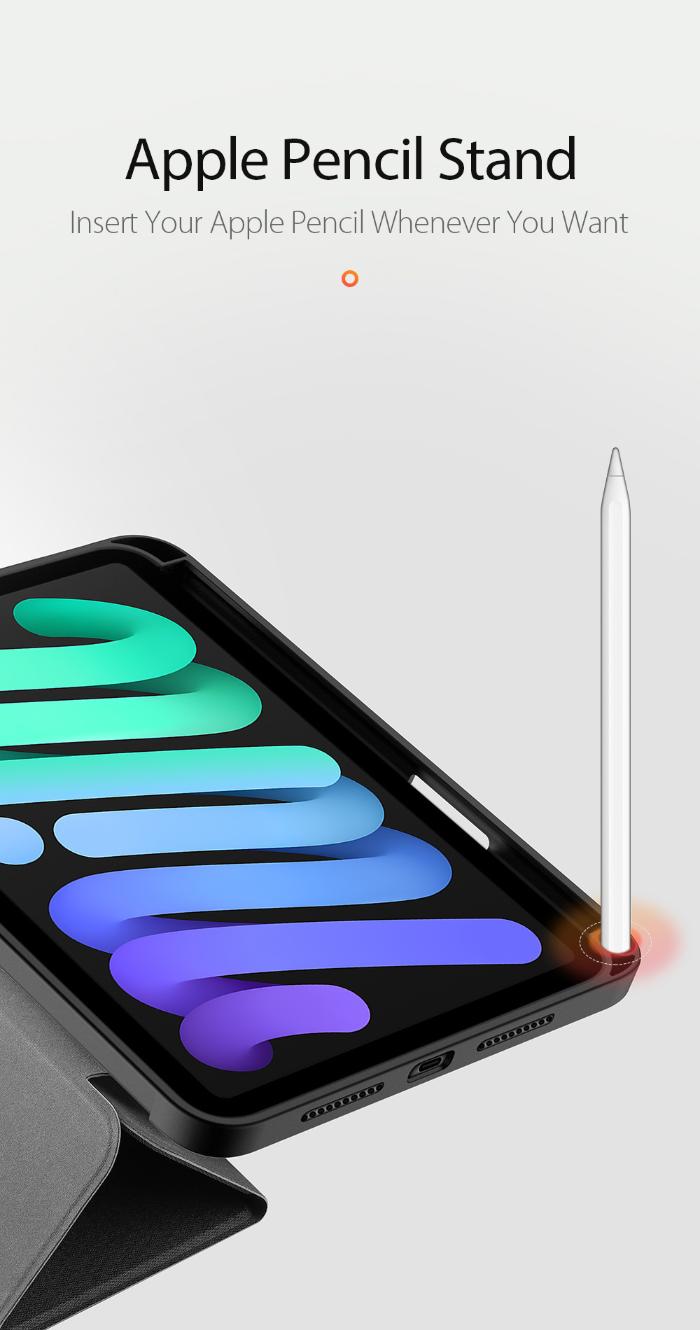 Black DOMO Dux Ducis Folio Case for iPad Mini 6/7 (2021/2024) with Apple Pencil holder stand on white background