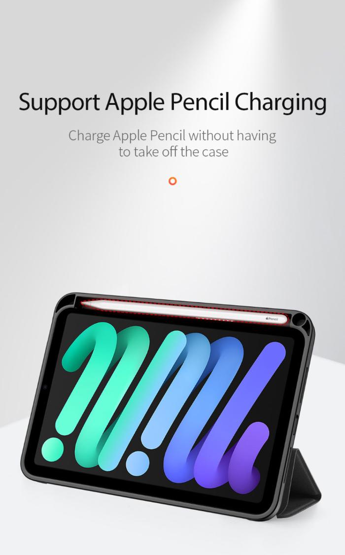 Black DOMO Dux Ducis Folio Case for iPad Mini 6/7 (2021/2024) that supports Apple Pencil charging on white background