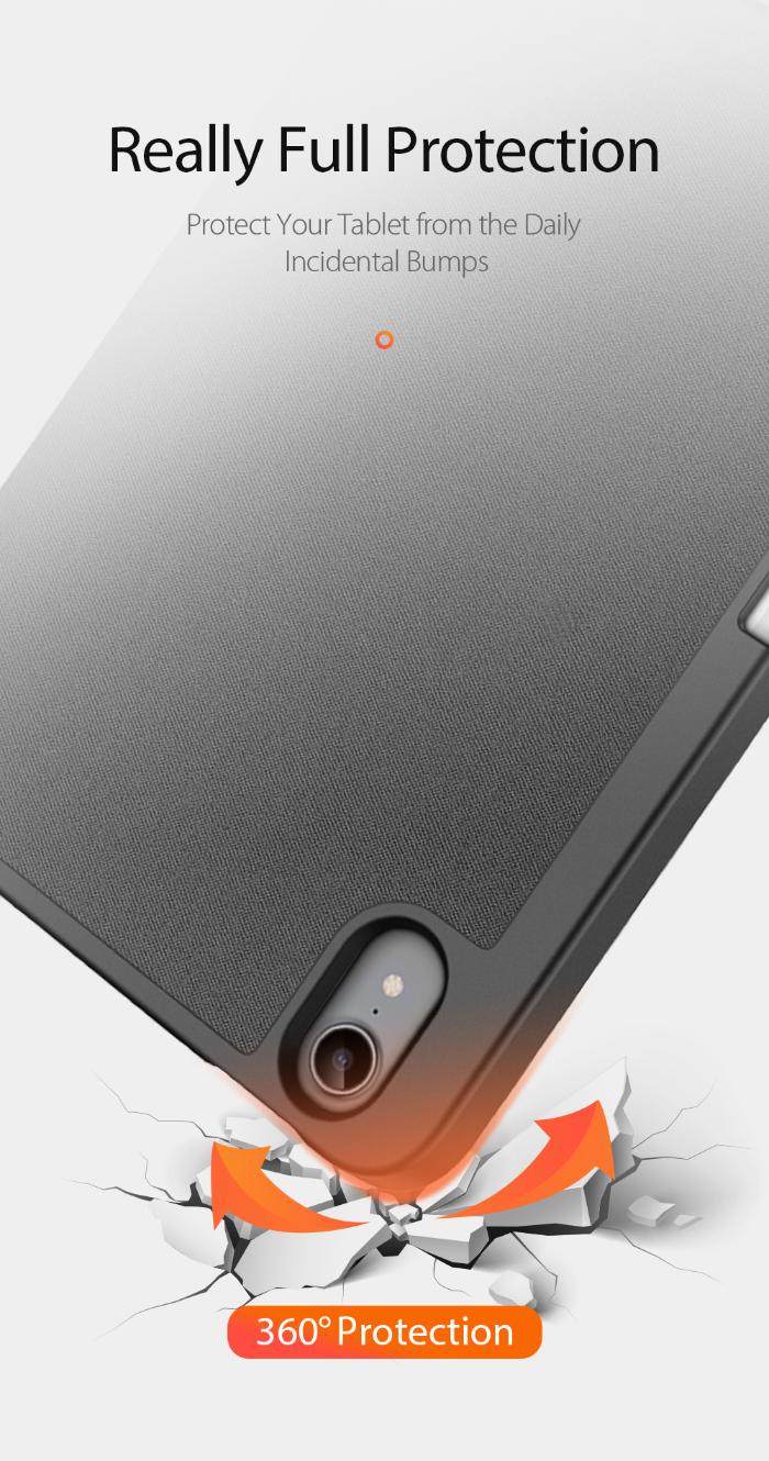 Black DOMO Dux Ducis Folio Case for iPad Mini 6/7 (2021/2024) showing full-protection - 360-degree protection that protects your device from daily incidental bumps in white background