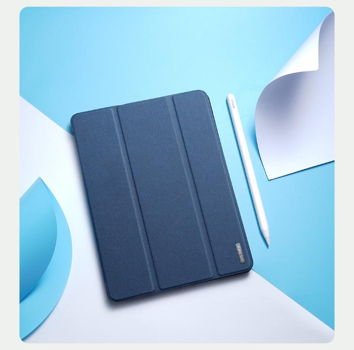 Blue DOMO Dux Ducis Folio Case for iPad Mini 6/7 (2021/2024) with Apple Pencil on white background