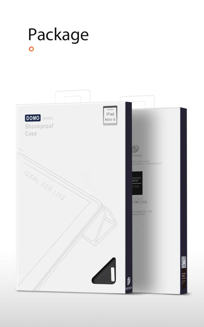 Black DOMO Dux Ducis Folio Case for iPad Mini 6/7 (2021/2024) packaging on white background