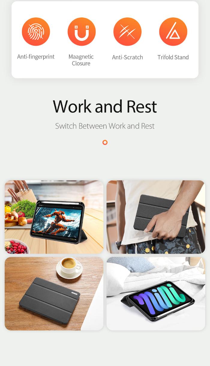 Black DOMO Dux Ducis Folio Case for iPad Mini 6/7 (2021/2024) showing its features - anti-fingerprint, magnetic closure, anti-scratch, and trifold stand on white background