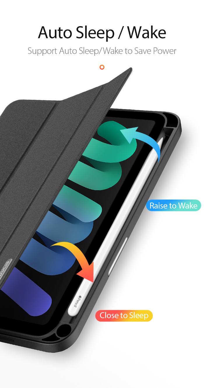 Black DOMO Dux Ducis Folio Case for iPad Mini 6/7 (2021/2024) showing its auto sleep and wake function to save power on white background