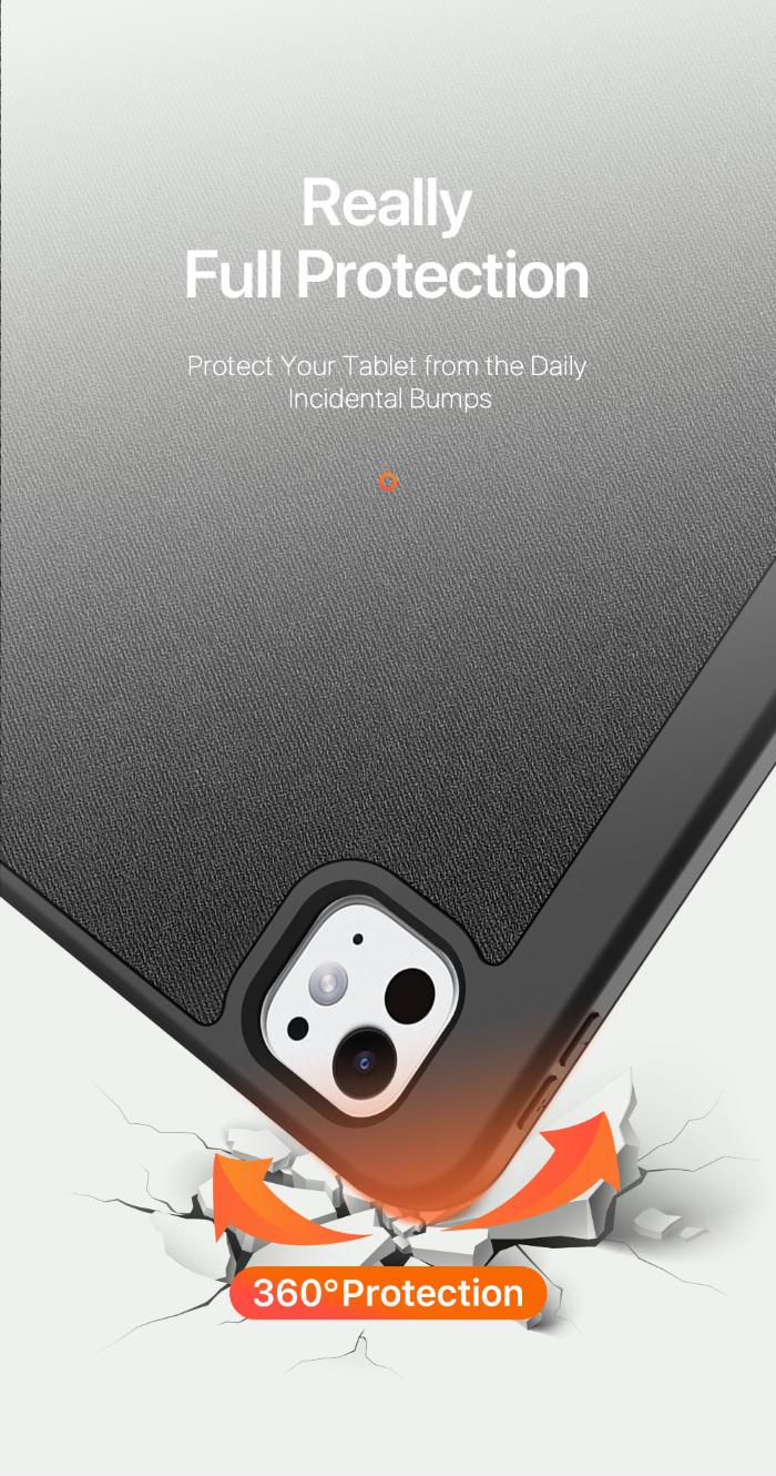 DOMO Dux Ducis Folio Case for iPad Pro 13" (2024) with text 'Really Full Protection' and '360° Protection' on a gray background