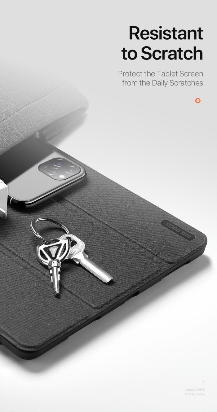 DOMO Dux Ducis Folio Case for iPad Pro 13" (2024) showing its scratch-resistant feature on a light gray background.