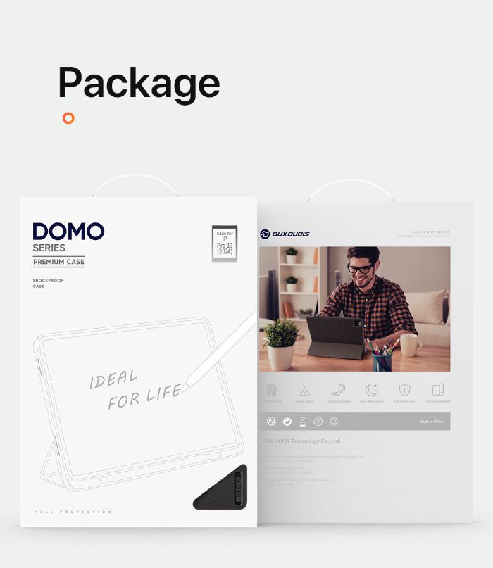 DOMO Dux Ducis Folio Case for iPad Pro 13" (2024) packaging with a lifestyle image of a man using a laptop.