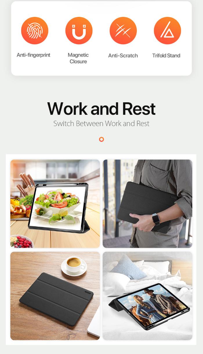 DOMO Dux Ducis Folio Case for iPad Pro 13" (2024) Product display with features and usage scenarios on a white background