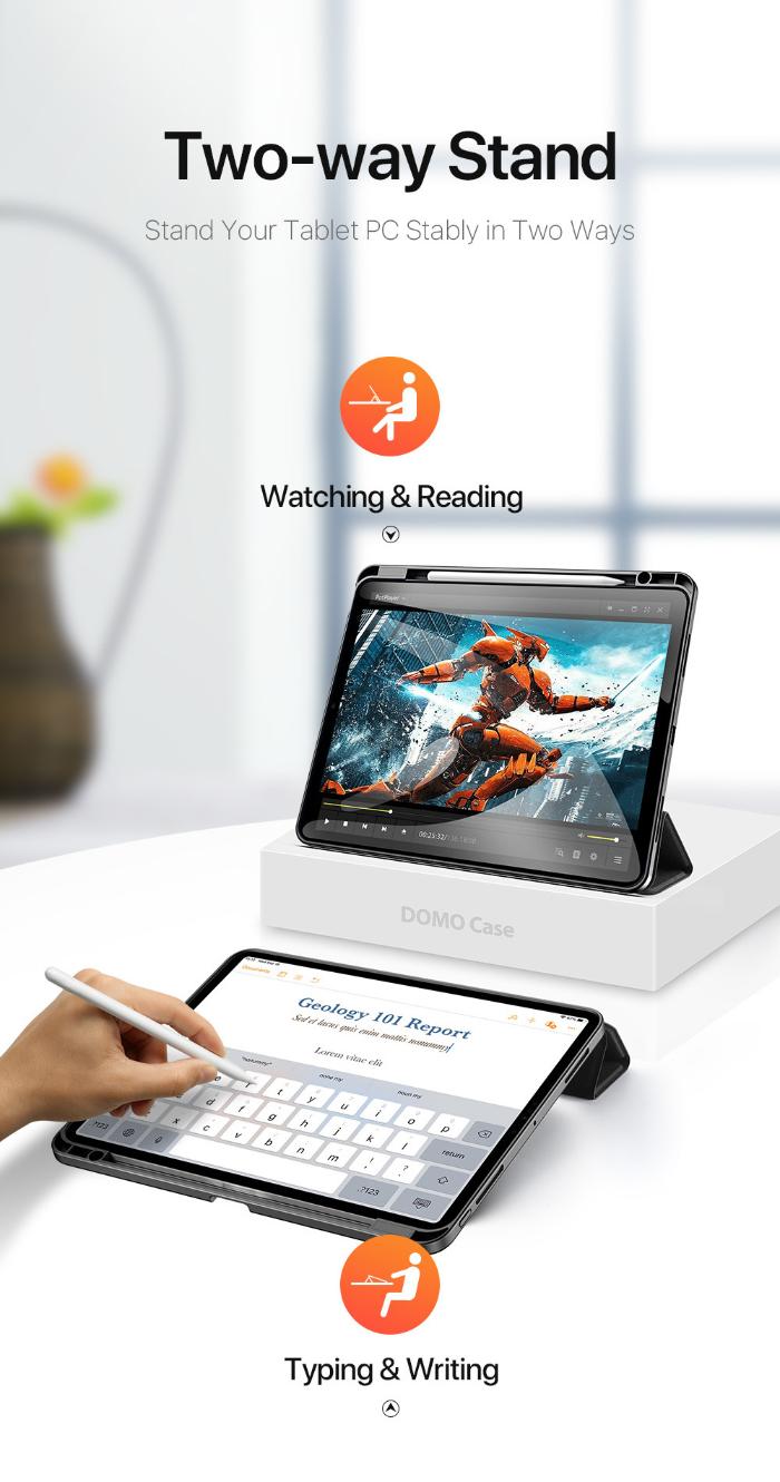DOMO Dux Ducis Folio Case for iPad Pro 13" (2024) showing Two-way stand for tablet PC with keyboard, showing use cases for watching, reading, and typing.