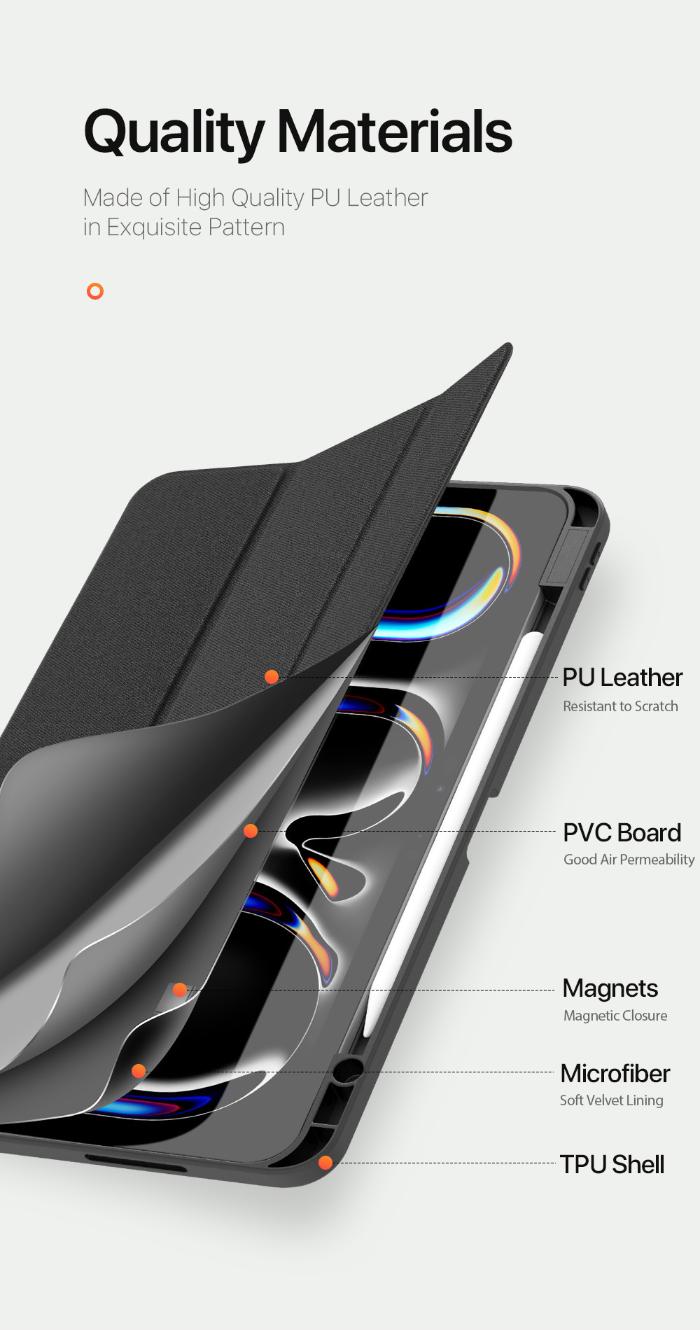 DOMO Dux Ducis Folio Case for iPad Pro 13" (2024) with text detailing material quality on a white background