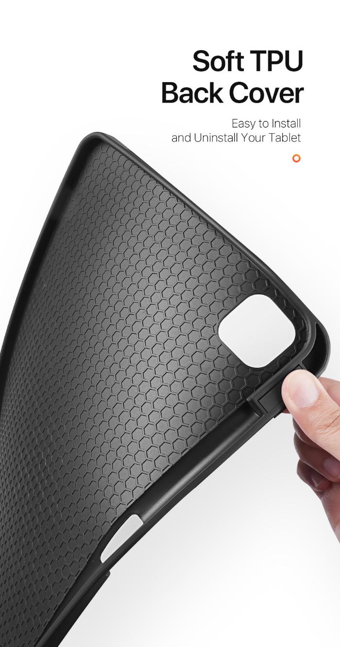 DOMO Dux Ducis Folio Case for iPad Pro 13" (2024) Black soft TPU back cover for a tablet held by a hand on a white background