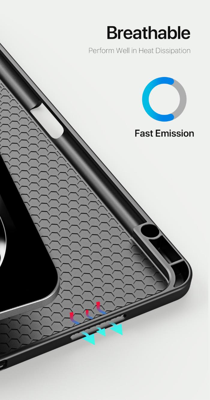 Black honeycomb patterned DOMO Dux Ducis Folio Case for iPad Pro 13" (2024) with text about breathability and heat dissipation on a white background.