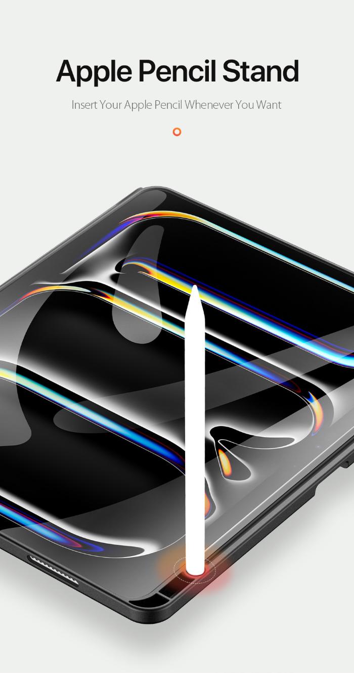 DOMO Dux Ducis Folio Case for iPad Pro 13" (2024) Apple Pencil stand with Apple Pencil inserted on a white background
