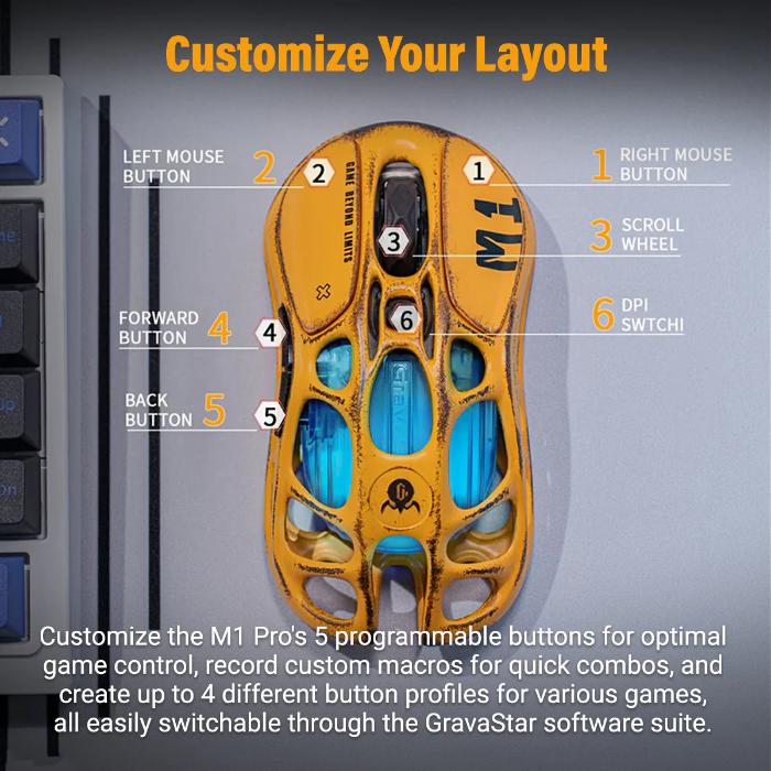 GravaStar Mercury M1 Pro Gaming Mouse 26000DPI, 4K Hz Polling Rate Highly Sensitive PAW3395 Sensor Mice, Bluetooth