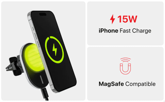 Phone with Black Ghostek NRGmount 15W Magnetic Car Charging Mount (2nd Gen) and fast charging text on a white background