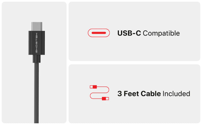 Black Ghostek NRGmount 15W Magnetic Car Charging Mount (2nd Gen) USB-C cable with compatibility and length information on a white background