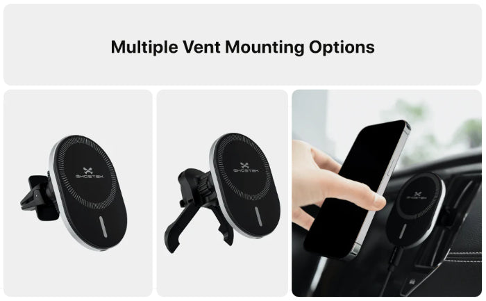 Black Ghostek NRGmount 15W Magnetic Car Charging Mount (2nd Gen) with multiple mounting options and a hand holding a phone.