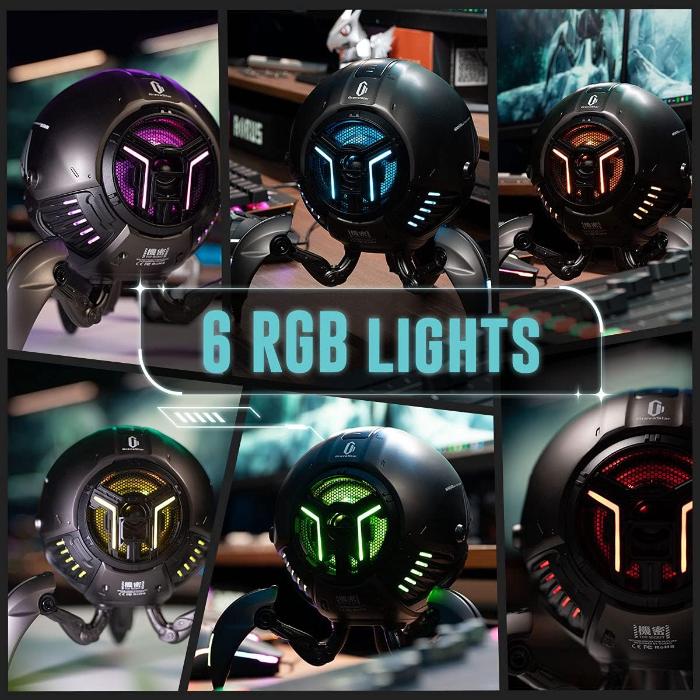 Collage of a GravaStar G1 Pro Mars Pro Wireless Bluetooth 5.0 Speaker with RGB lighting effects on a desk setup.