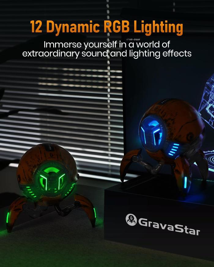 Two GravaStar G1 Pro Mars Pro Wireless Bluetooth 5.0 Speaker with RGB lighting on a dark background, featuring GravaStar branding.