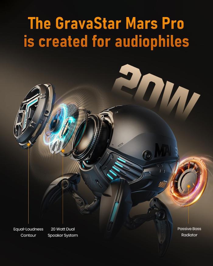 GravaStar G1 Pro Mars Pro Wireless Bluetooth 5.0 Speaker with text highlighting features on a dark background