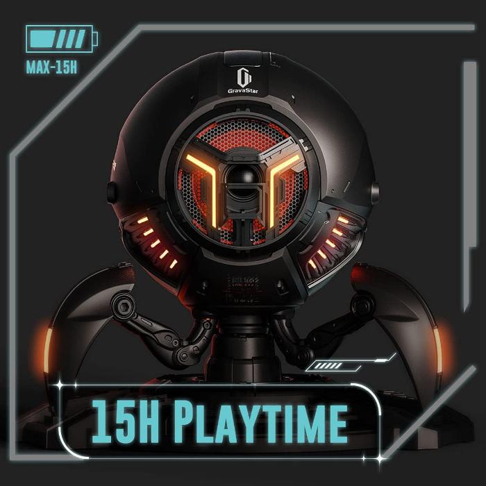 GravaStar G1 Pro Mars Pro Wireless Bluetooth 5.0 Speaker with glowing elements and '15H Playtime' text on a dark background