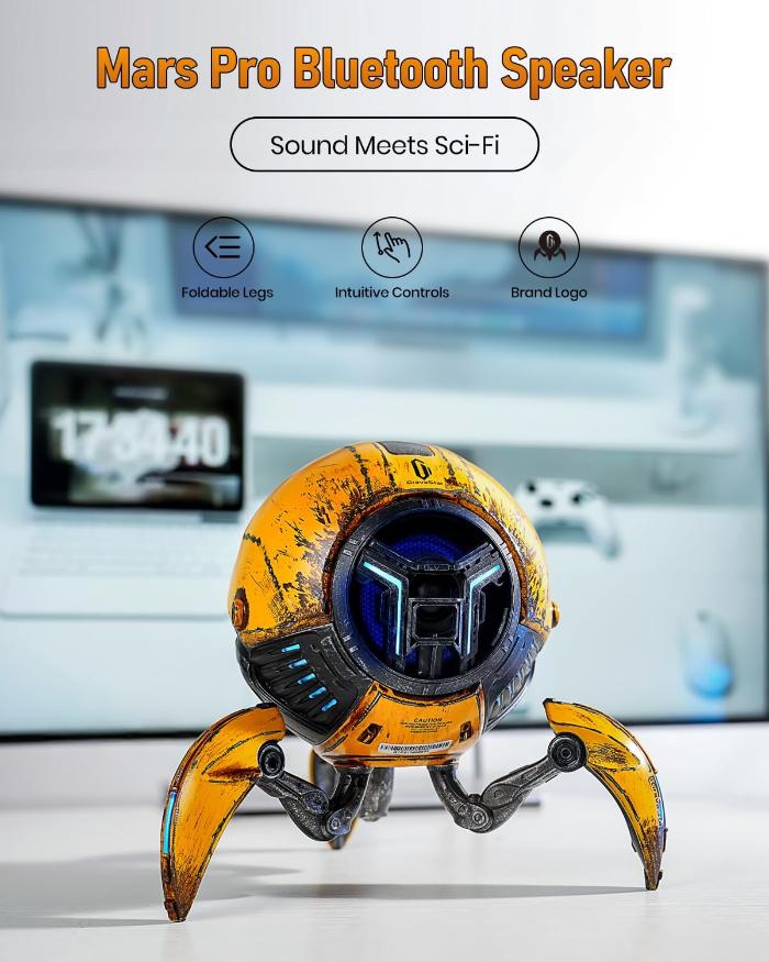 GravaStar G1 Pro Mars Pro Wireless Bluetooth 5.0 Speaker (War Damaged Edition) with sci-fi design on a blurred background