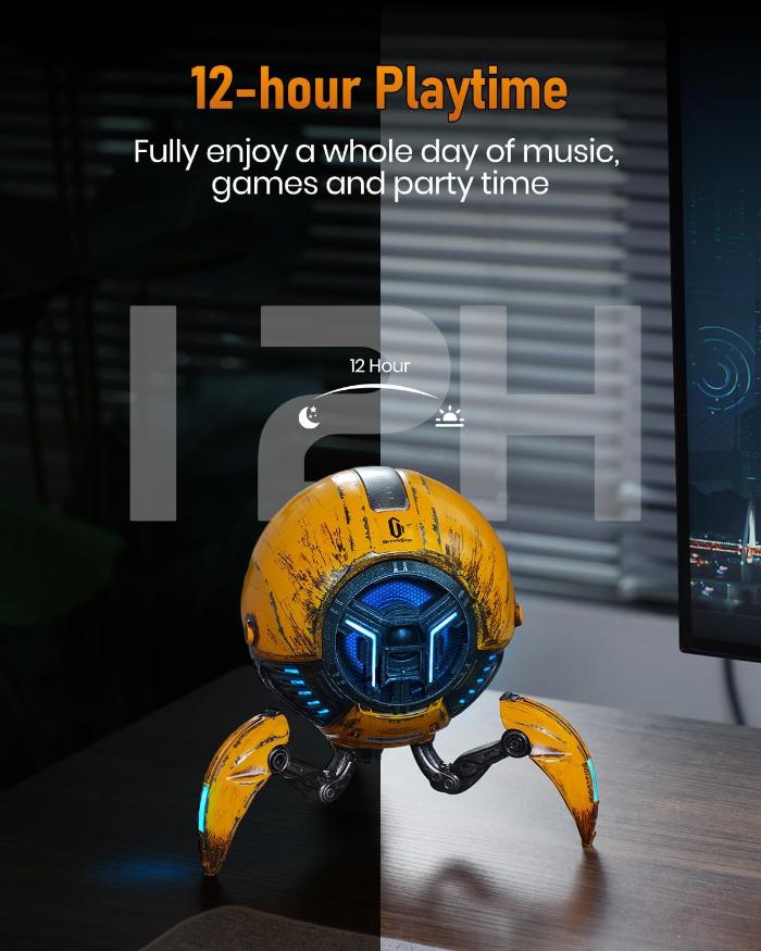 Yellow GravaStar G1 Pro Mars Pro Wireless Bluetooth 5.0 Speaker (War Damaged Edition) on a table with text about 12-hour playtime.