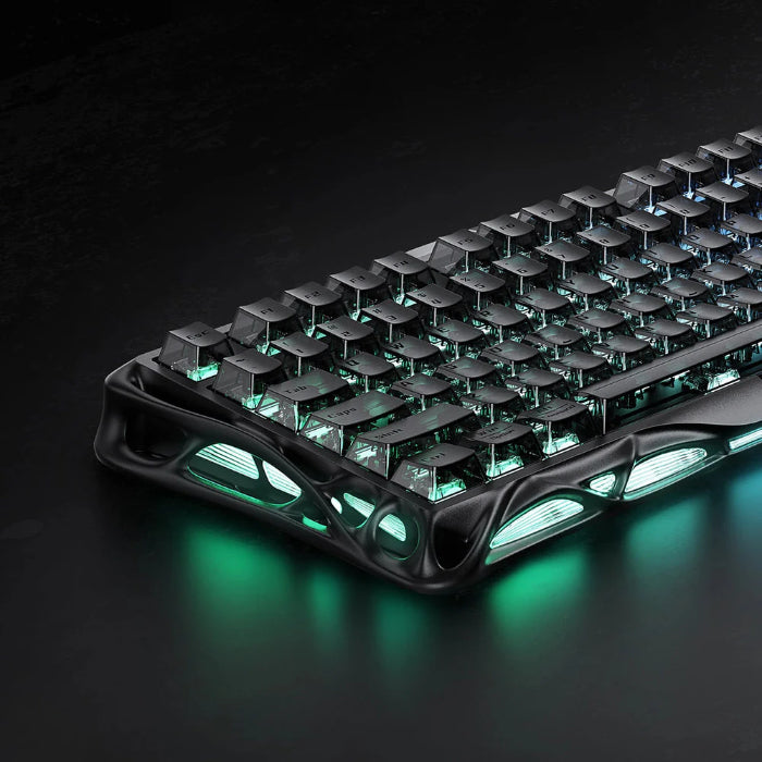 Stealth Black GravaStar Mercury V75 75% Hall Effect Magnetic Switch Gaming Keyboards with RGB lighting on a black background