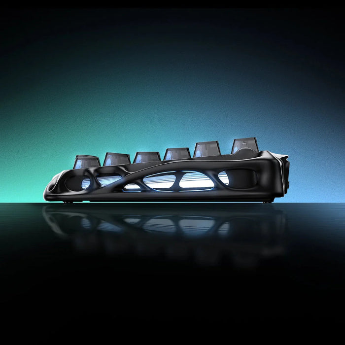 Stealth Black GravaStar Mercury V75 75% Hall Effect Magnetic Switch Gaming Keyboards with RGB lighting on a black background