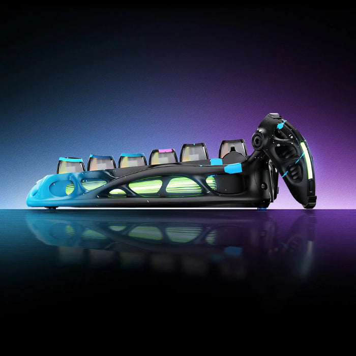 Neon Graffiti GravaStar Mercury V75 Pro 75% Hall Effect Magnetic Switch Gaming Keyboard on a reflective surface with a gradient background