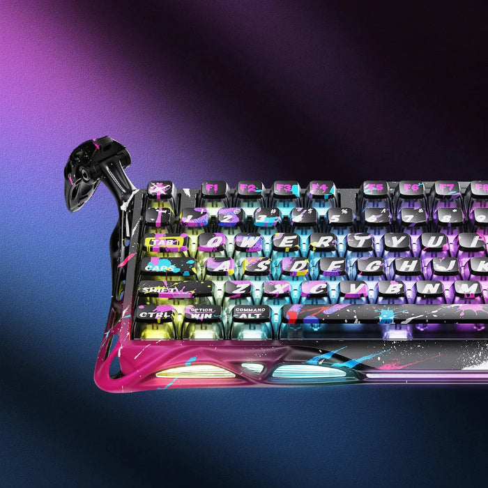 Neon Graffiti GravaStar Mercury V75 Pro 75% Hall Effect Magnetic Switch Gaming Keyboard on a gradient purple and blue background