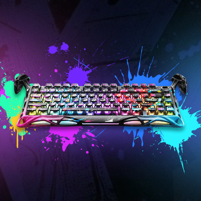 Neon Graffiti GravaStar Mercury V75 Pro 75% Hall Effect Magnetic Switch Gaming Keyboard on a vibrant splatter background