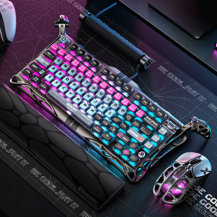 Cyberpunk GravaStar Mercury V75 Pro 75% Hall Effect Magnetic Switch Gaming Keyboard on a desk with mouse and mouse pad