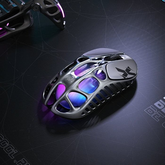 Silver Gravastar Mercury X Wireless Gaming Mouse on a dark textured surface
