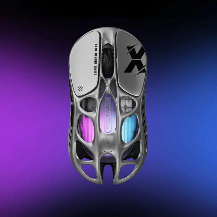 Silver Gravastar Mercury X Wireless Gaming Mouse on a gradient purple to blue background