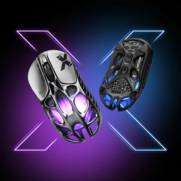 Black and Silver Gravastar Mercury X Wireless Gaming Mouse on a dark background