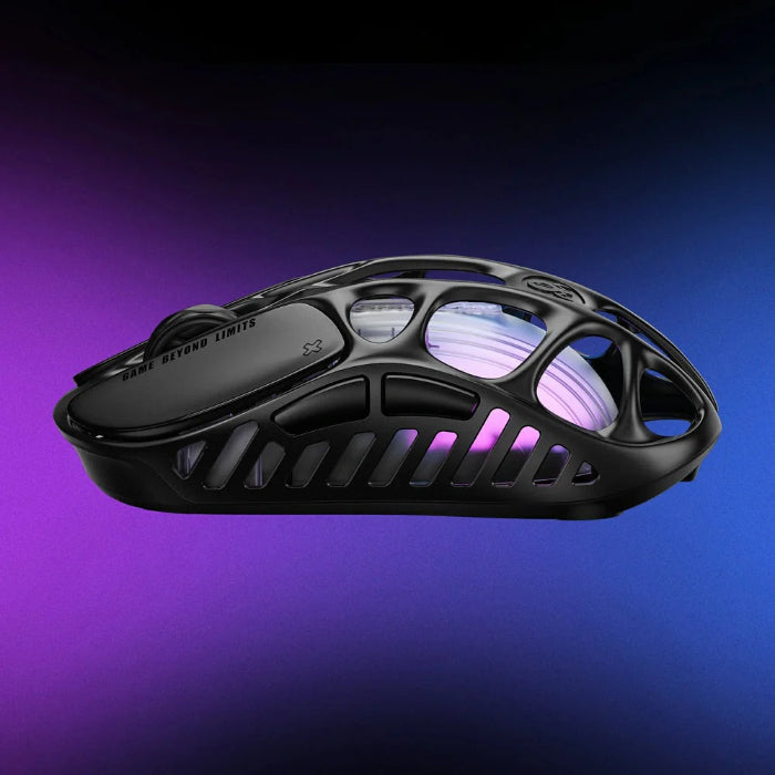 Black Gravastar Mercury X Wireless Gaming Mouse on a gradient purple to blue background