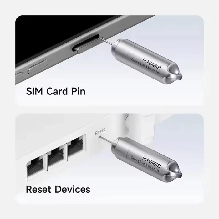 Silver HAGIBIS Cleaning Pen with SIM Card Ejector -  SIM card pin and reset device tool with 'HAGIBIS' branding on a white background