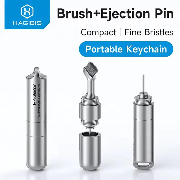 HAGIBIS brush and ejection pin set with 'Compact', 'Fine Bristles', and 'Portable Keychain' text on a white background.
