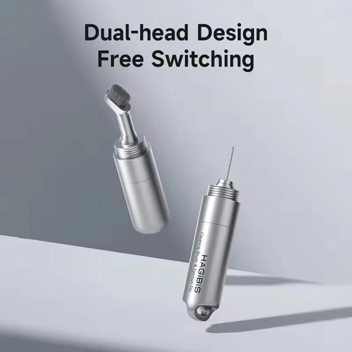 Silver HAGIBIS Cleaning Pen with SIM Card Ejector with dual-head design on a gray background