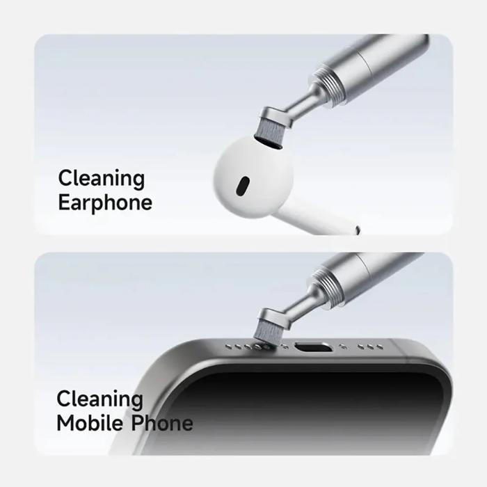 Silver HAGIBIS Cleaning Pen with SIM Card Ejector - Cleaning tool being used to clean an earphone and a mobile phone.