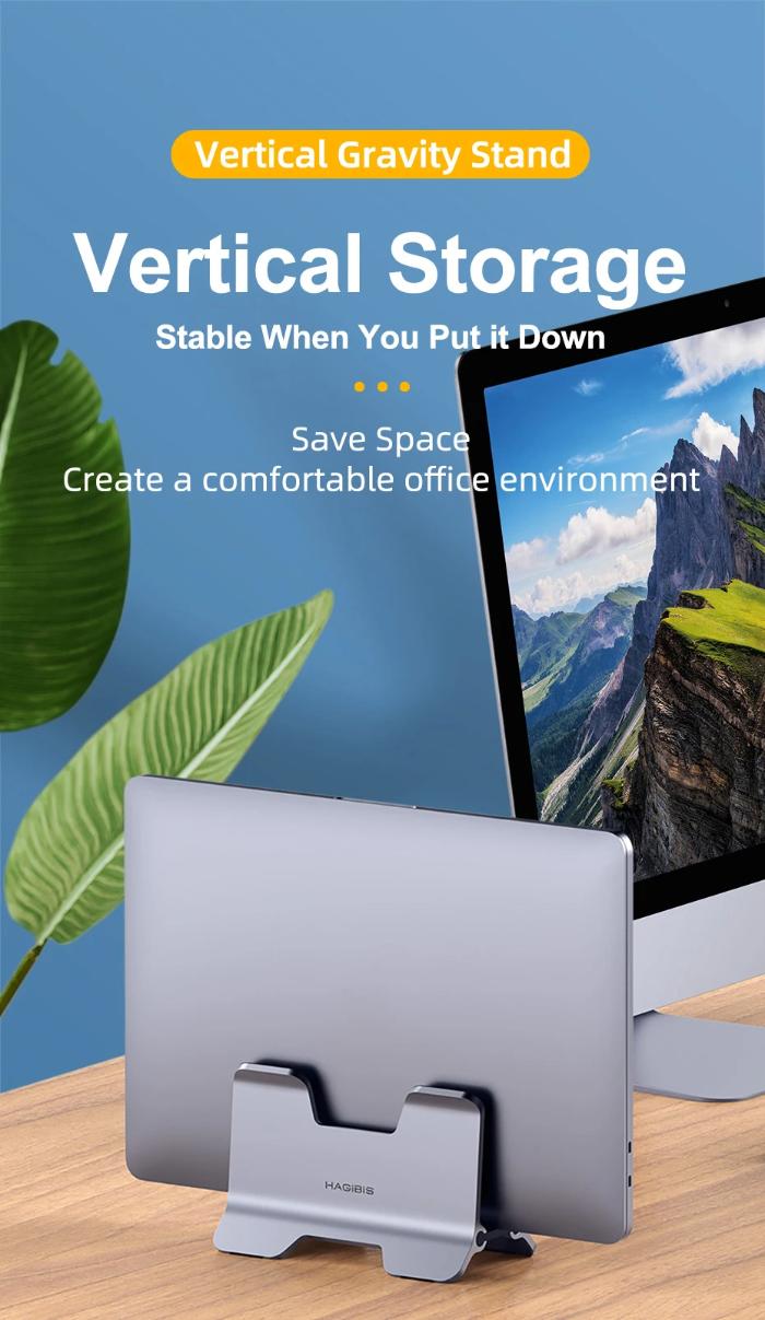Silver HAGIBIS ZLS01 Alloy Vertical Gravity Locking Laptop Stand showing a Laptop on a vertical gravity stand with a scenic background