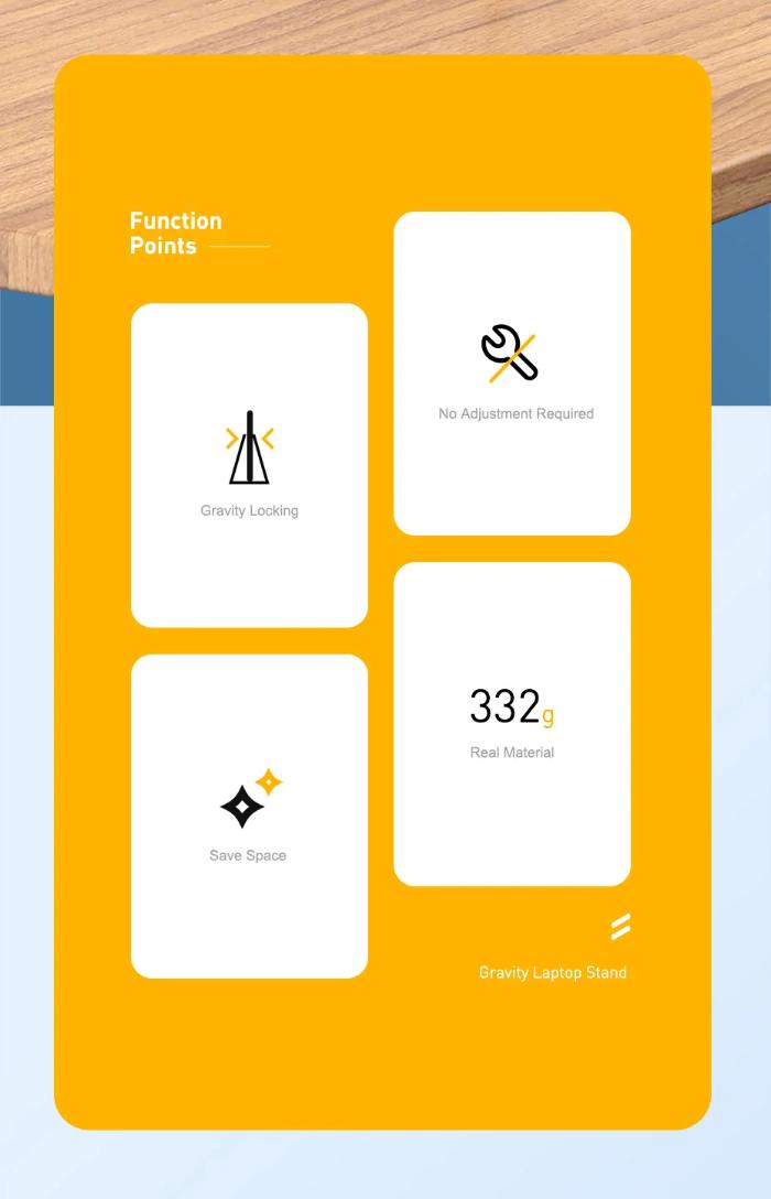 Orange card with white cards displaying function points of the Silver HAGIBIS ZLS01 Alloy Vertical Gravity Locking Laptop Stand on a wooden surface