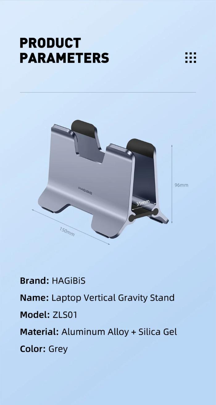 Silver HAGIBIS ZLS01 Alloy Vertical Gravity Locking Laptop Stand with specifications on a light blue background